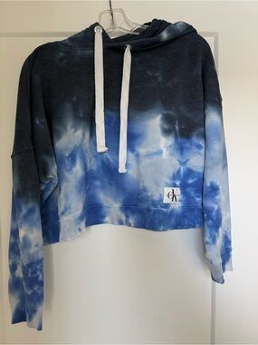 Calvin Klein Navy White Blue Tie-Dye Cropped Hoodie boho festival Size M